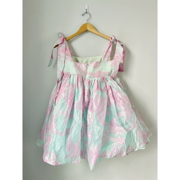 Wolf & Badger Baby Doll Pink Floral Embossed Sz S Coquette Fairy Bow Puff Dress - Picture 4 of 8